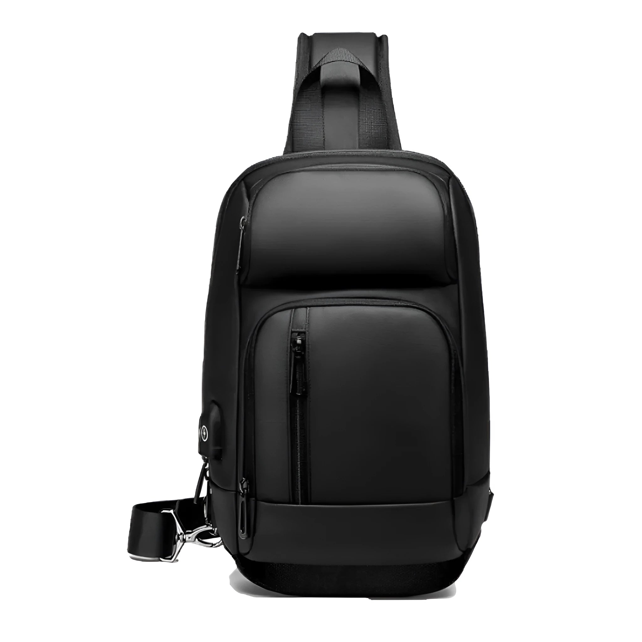 Black PVC outdoor shoulder bag with air cushion strap and multiple compartments