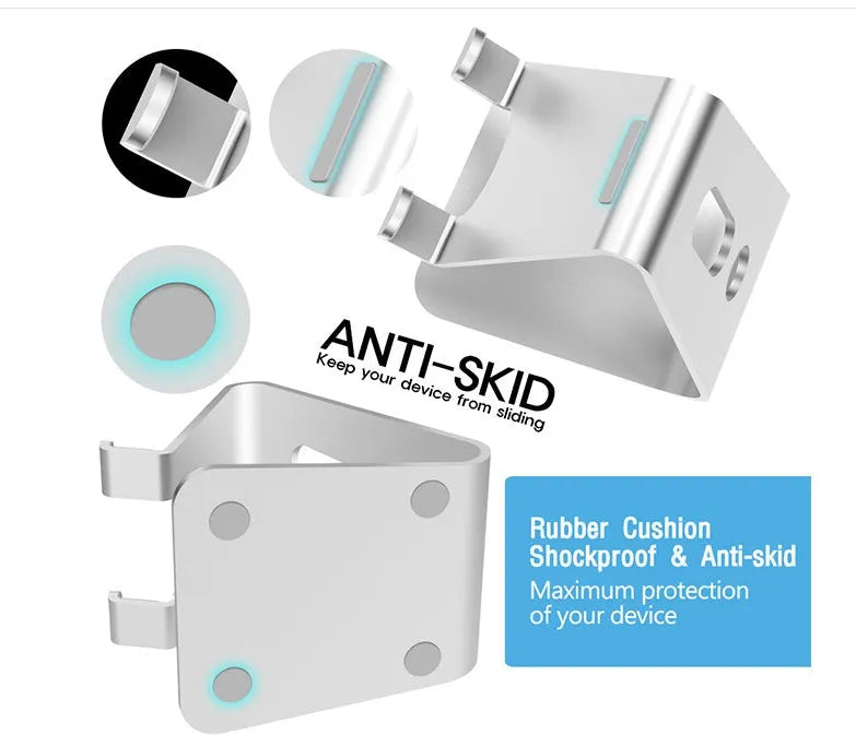 Aluminium phone stand in choice of black, red, rose gold, or silver, holding a smartphone.
