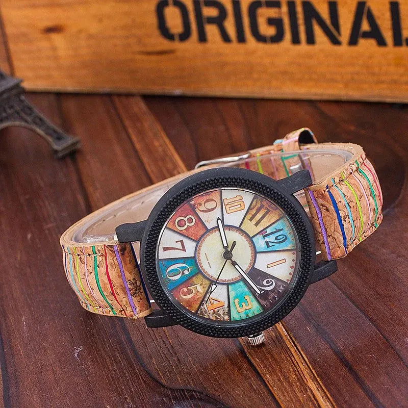 Vintage style leather strap women's quartz watch with 37mm round dial and stainless steel buckle