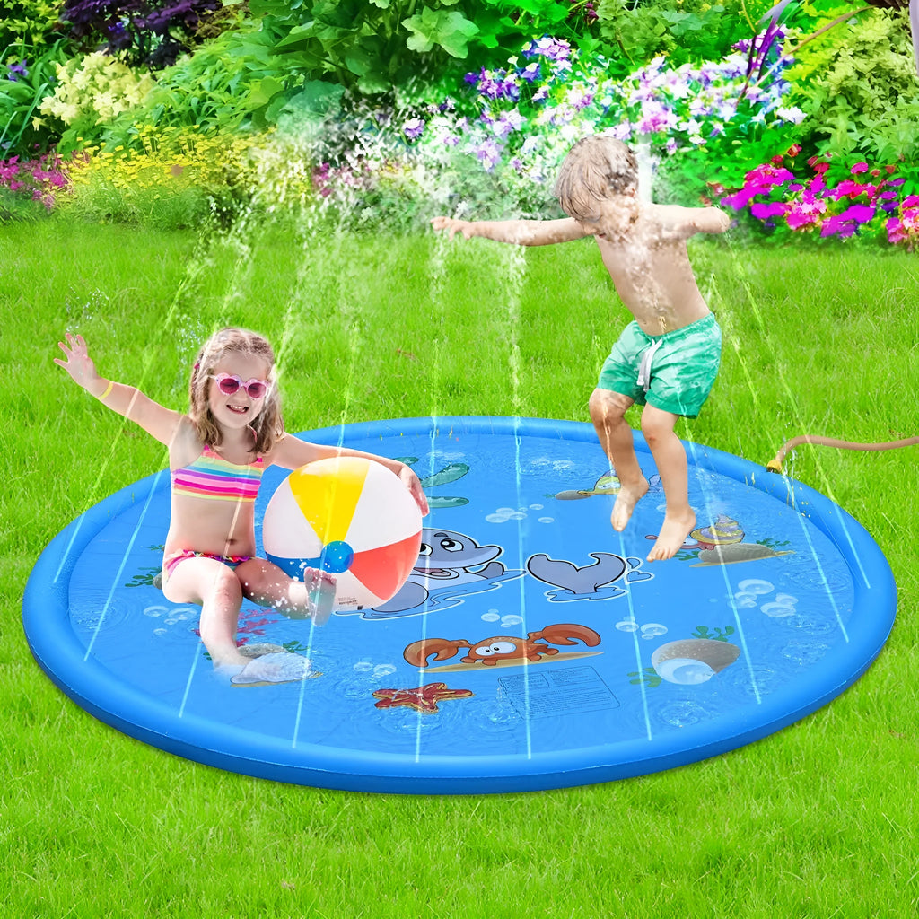 Blue PVC children's water spray mat with marine animal designs laid on grass
