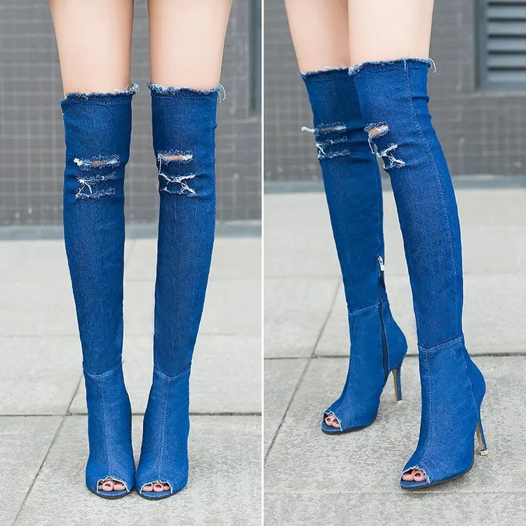 High-stretch denim knee high boots with stovepipe fit, 55cm tube height, rubber sole, black colour option