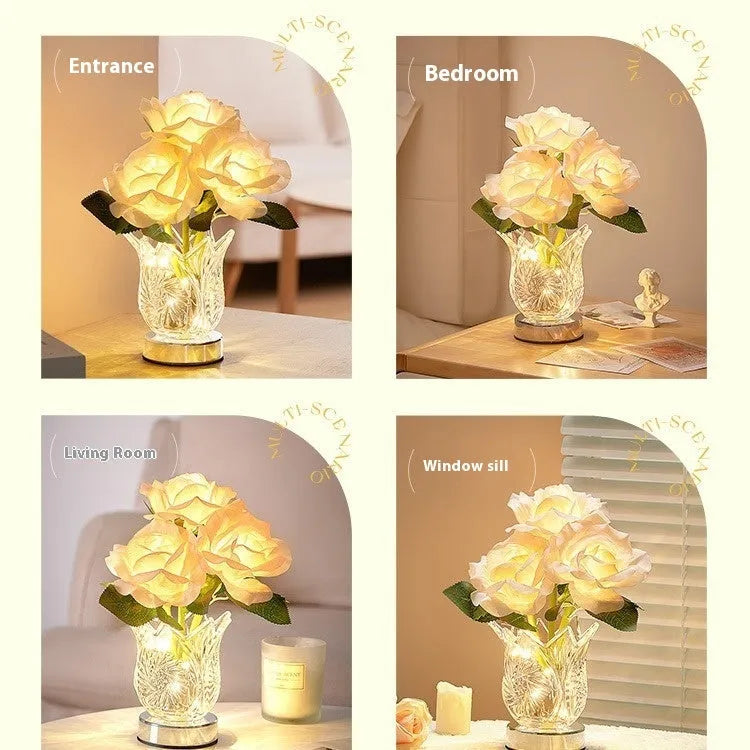 Modern crystal flowers rechargeable table lamp with touch dimming control on a wooden surface.