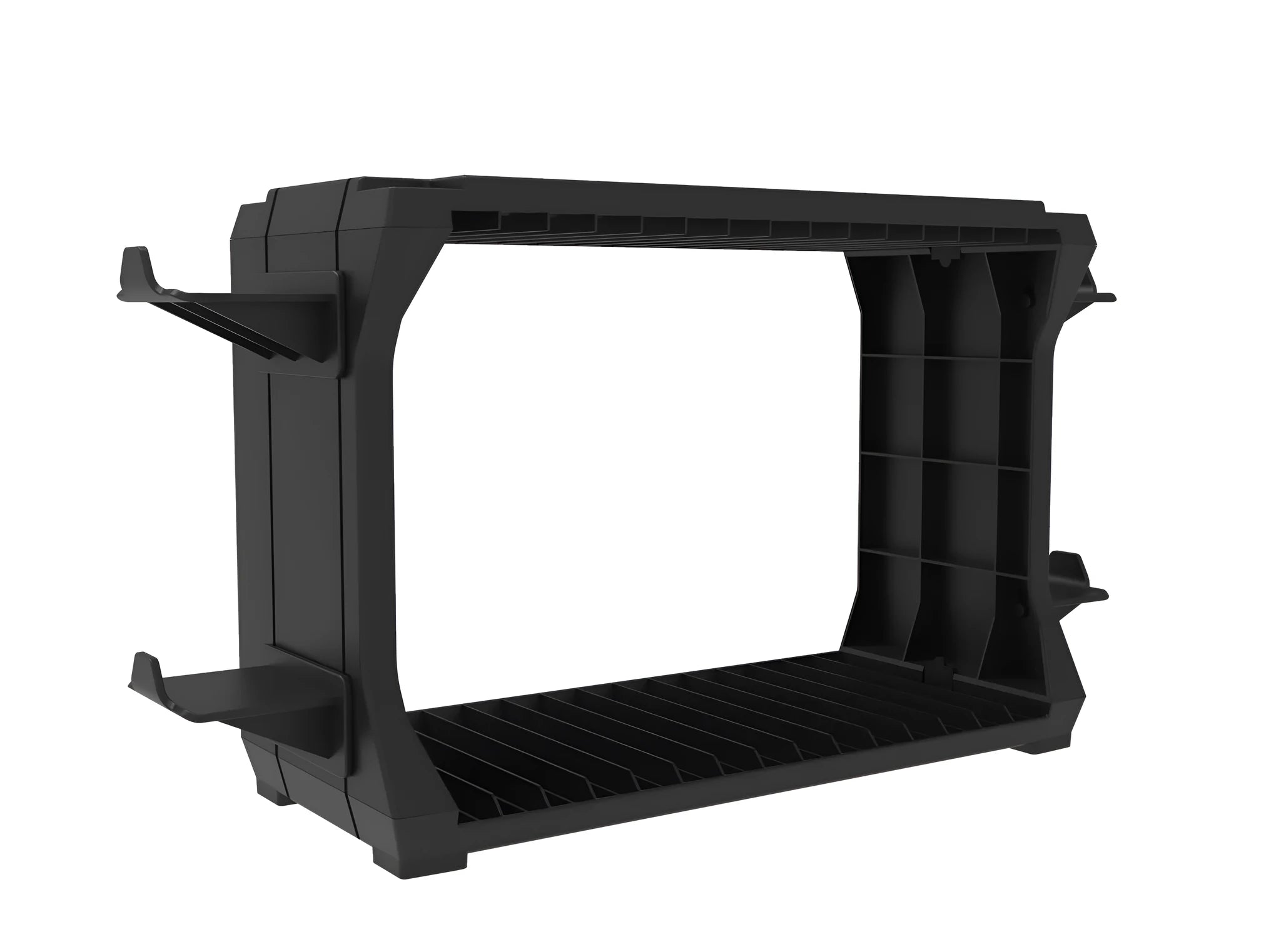 Black PS5 and Xbox Series X disc holder with controller stand storing game cases