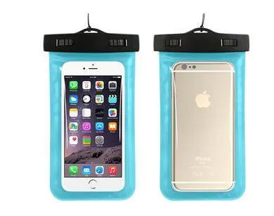 AQUA-ONE transparent waterproof phone pouch in assorted colours, showing phone inside.