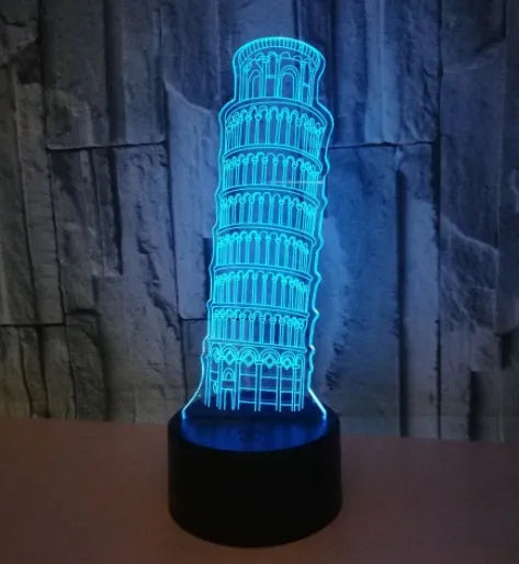 3D acrylic Leaning Tower of Pisa LED nightlight with seven colour lighting on black base
