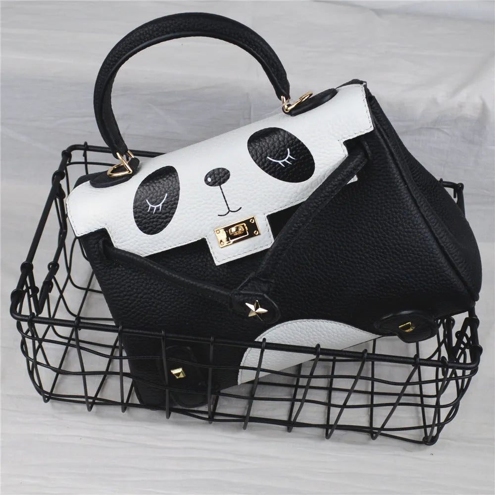 Women's horizontal square cow leather handbag with a sweet lady panda animal print.