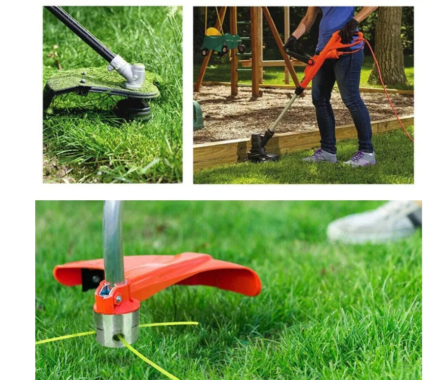 Silver aluminium grass trimmer head with four light yellow square strings for lawn mower replacement