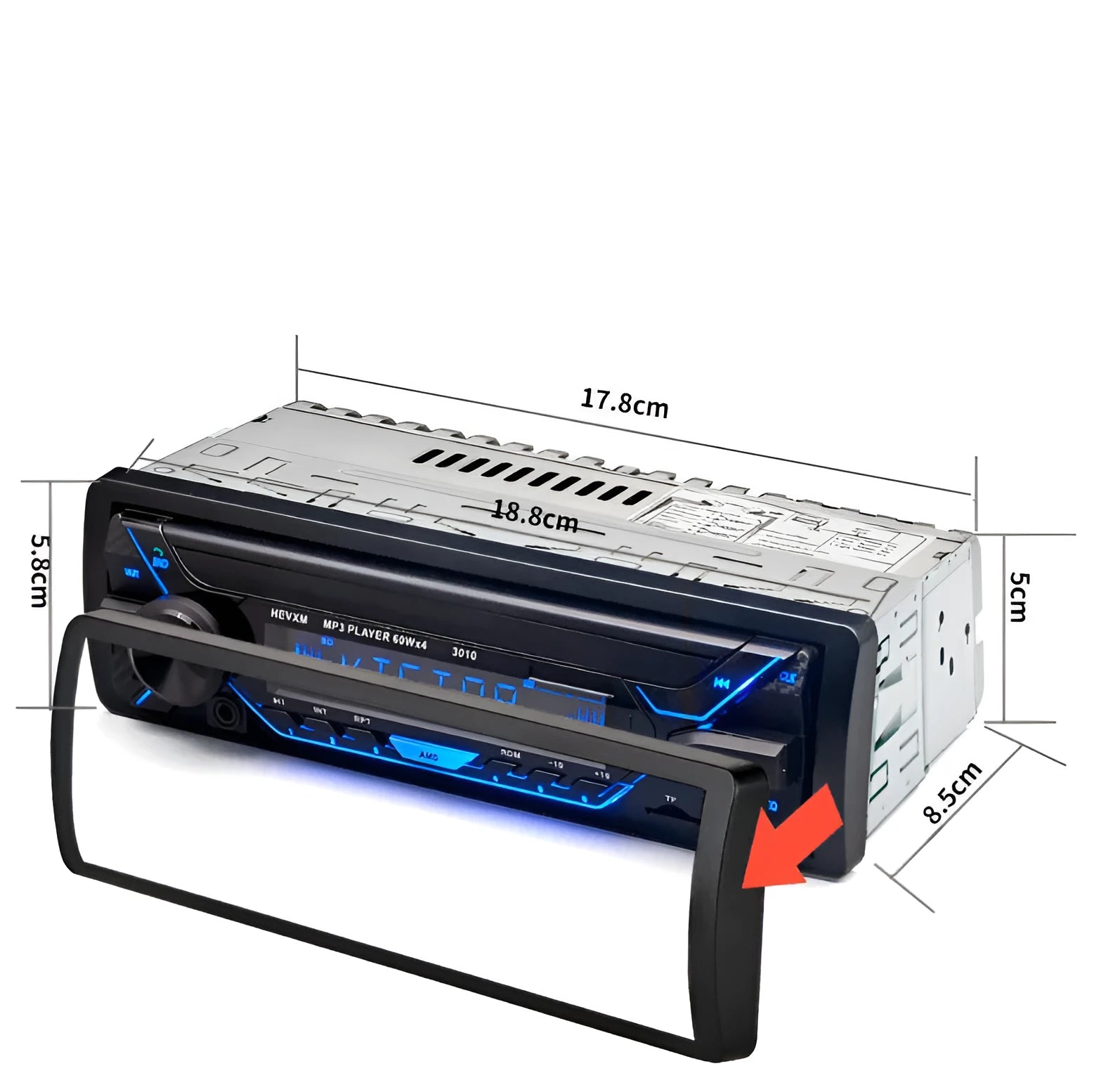 Single DIN car radio with LCD display, rotary volume knob, USB and TF card slots