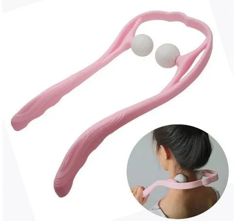 Blue handheld neck and shoulder massager with 3D floating-point heads and an adjustable plastic stand.