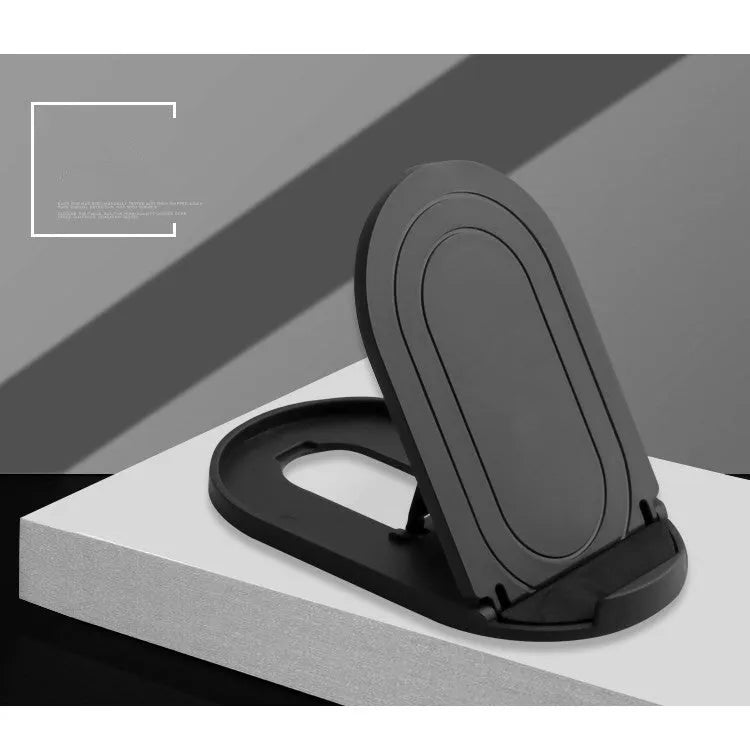 Plastic mobile phone stand with adjustable bracket in six colour options on a wooden desk