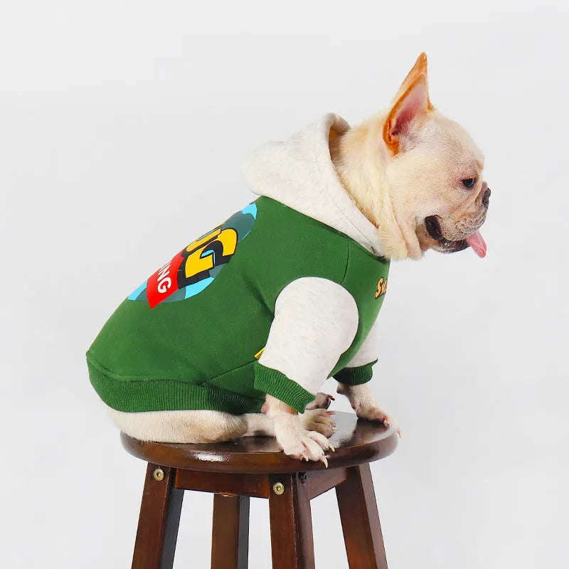 Green cotton dog jumper for winter, shown on a large dog, sized up to 4XL.