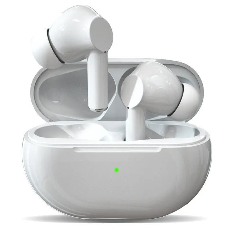 Pro4 black and white Bluetooth earbuds with charging case on a dark background.