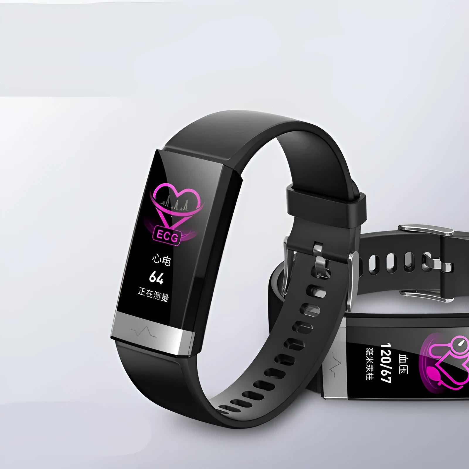 V19 smart health tracker bracelet with colour screen on a wrist, showing ECG graph.