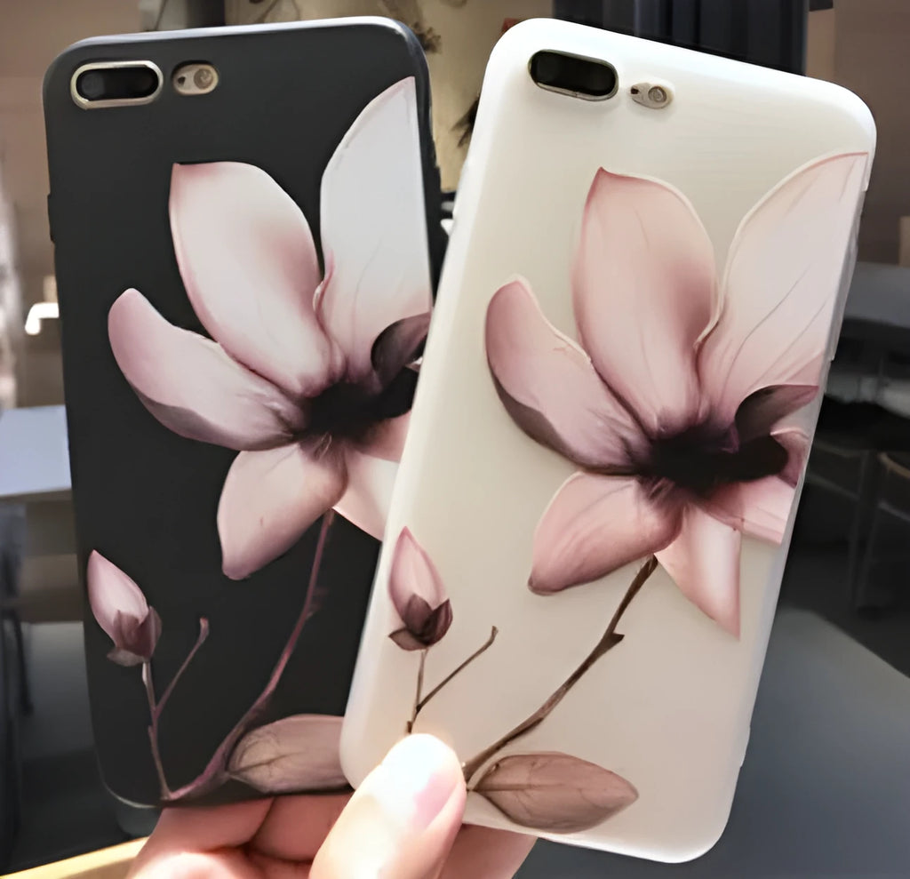Black embossed iPhone case with a single white floral design on the back.