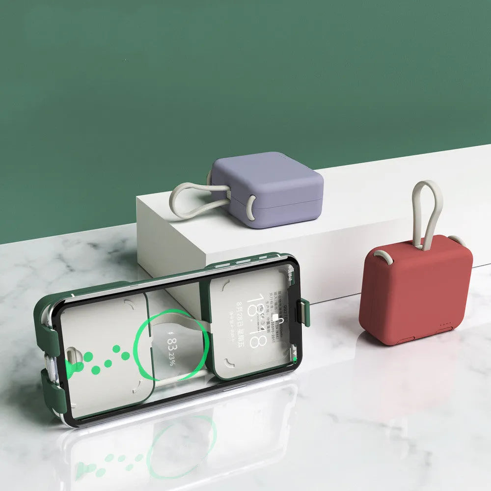 Handbag back clip power bank in blue showing clip, phone stand function, and type-c/USB-A charging ports