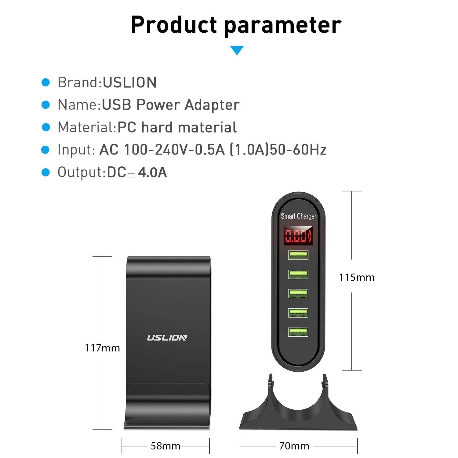 Black digital display USB wall charger showing 240V input and 5V output on its LED screen.