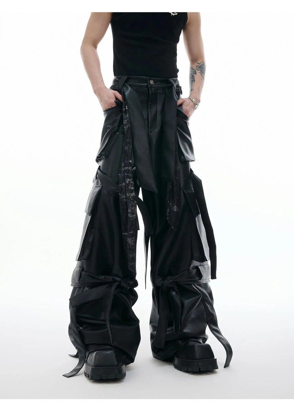 Black loose-fit retro trousers with quilted stitching and multiple pockets