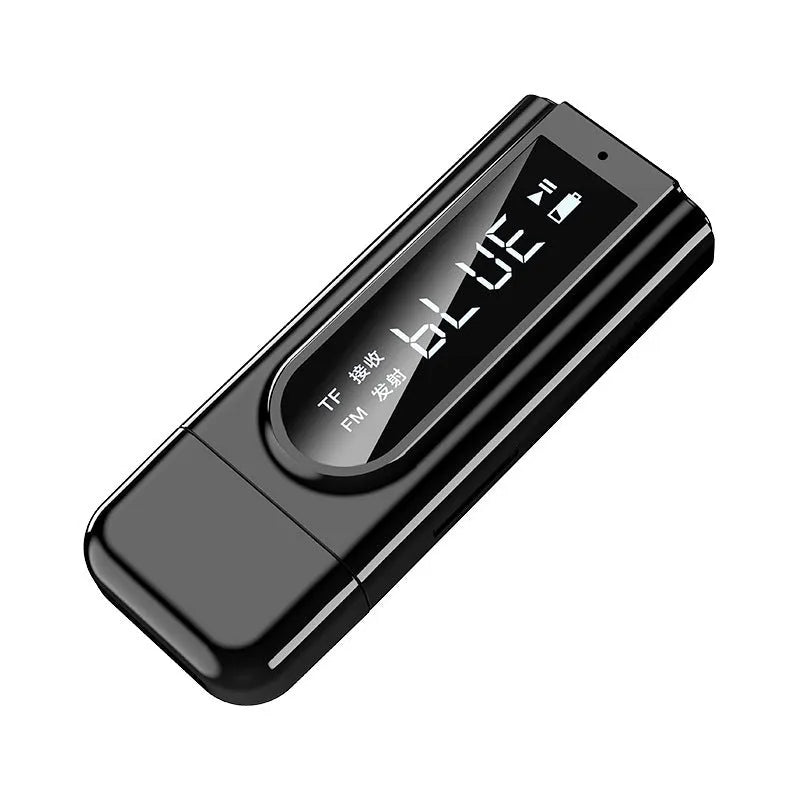 Black car Bluetooth FM transmitter with USB port and 3.5mm AUX input for vehicle audio upgrade
