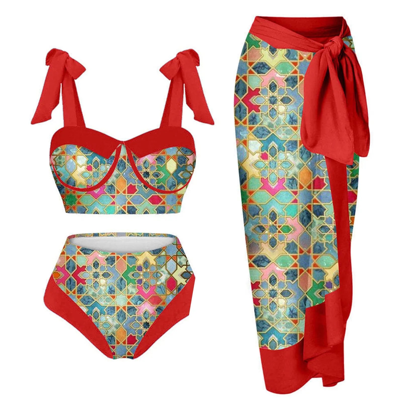 Women's printing split swimsuit three-piece set in a blue flower pattern, showing skirt, bra, and panties.