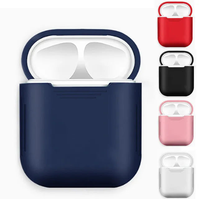 Silicone protective case with anti-loss rope for Apple AirPods, shown in multiple colour options.