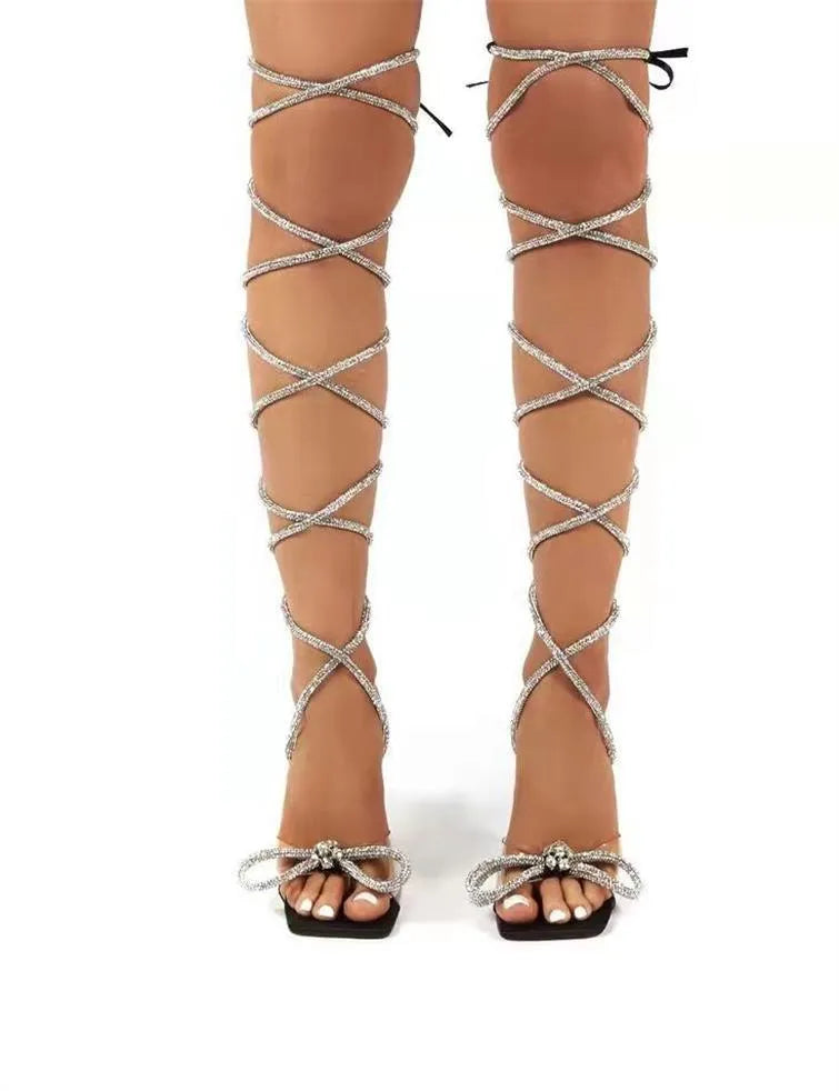 Plus size women's strappy sandal heels with Roman rhinestone straps in square toe design