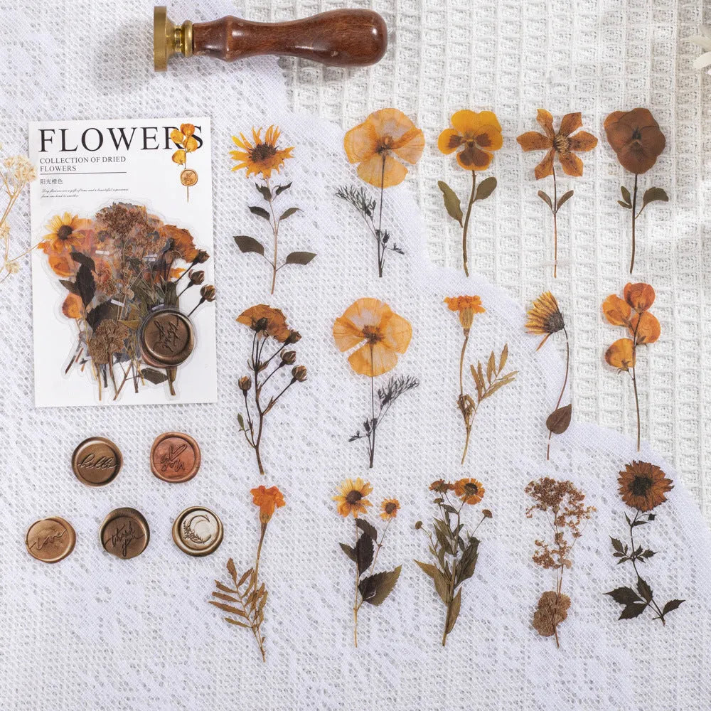 70mm square PET dried flower journal stickers showing eight colour themes including dark night purple and rose nebula