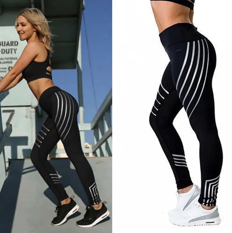 Women's high-waist workout leggings with glowing night print in black and white colours