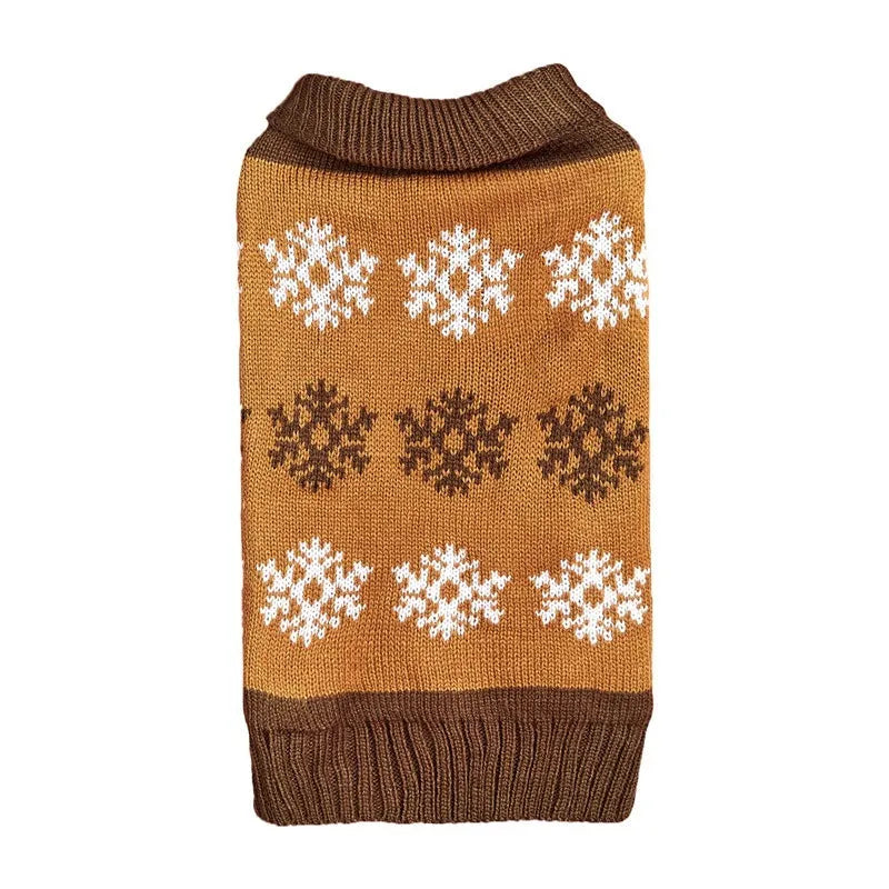 Dog wearing acrylic Christmas sweater in dark brown and grey colours for seasonal holiday wear