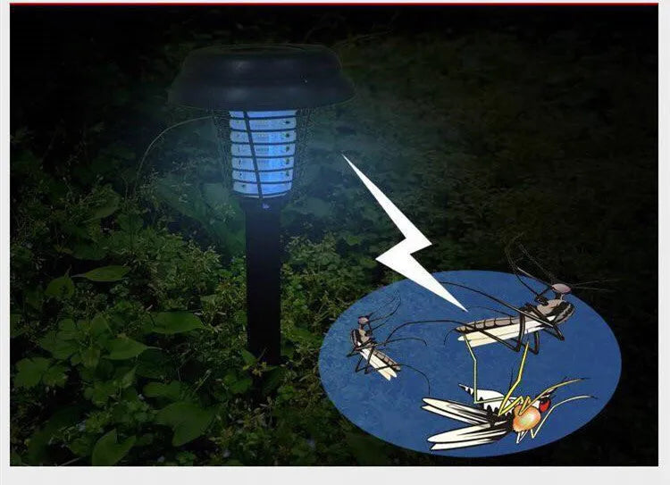 Black solar-powered insect-killing lawn lamp with white and UV purple LEDs, standing 42cm tall.