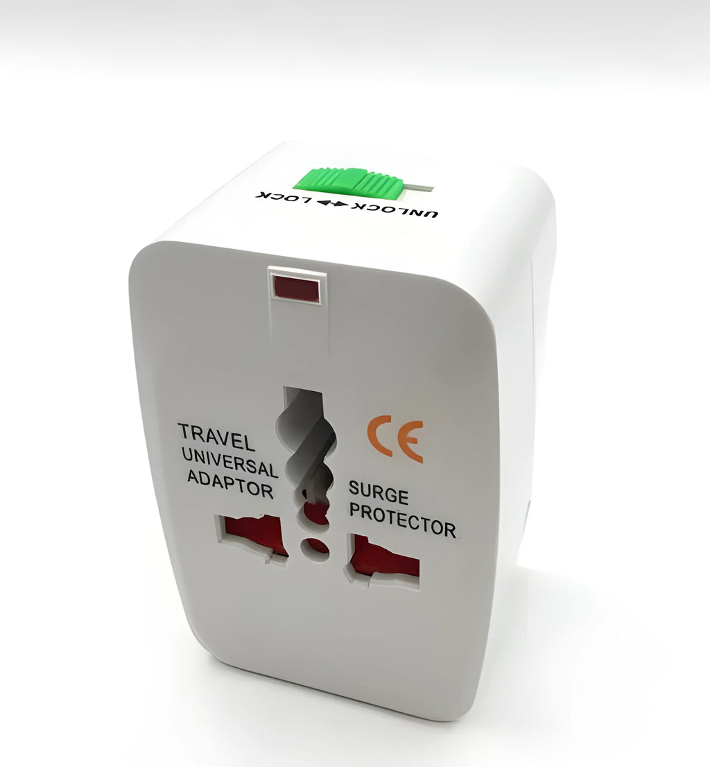 Universal travel adapter plug showing multi-country socket compatibility for mobile charging