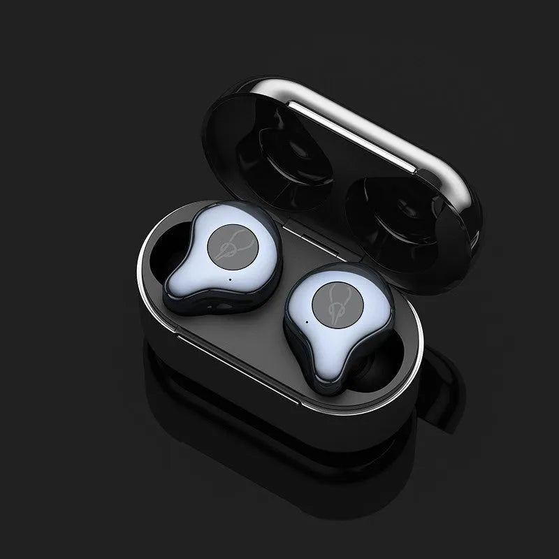 TWS wireless Bluetooth earbuds in a charging case, showing colour options like silver, grey, and red.