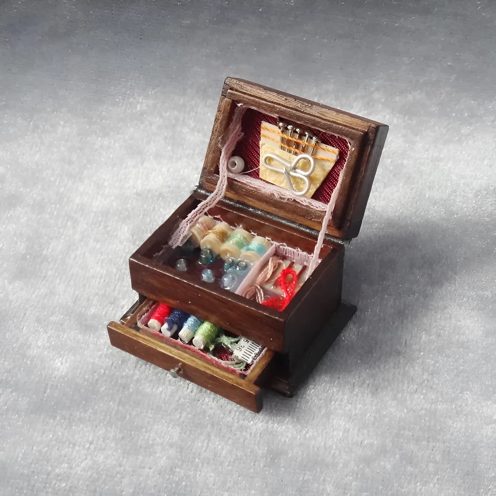 European-style miniature wooden sewing kit box made of birch, showing double layer design and compact size.