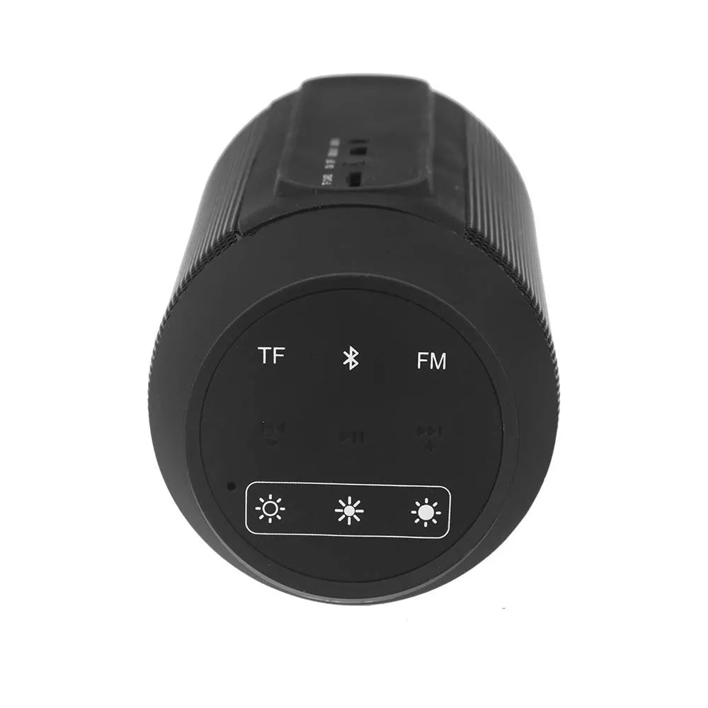 Small black or white Bluetooth speaker with colourful LED lights displaying red green blue white effects