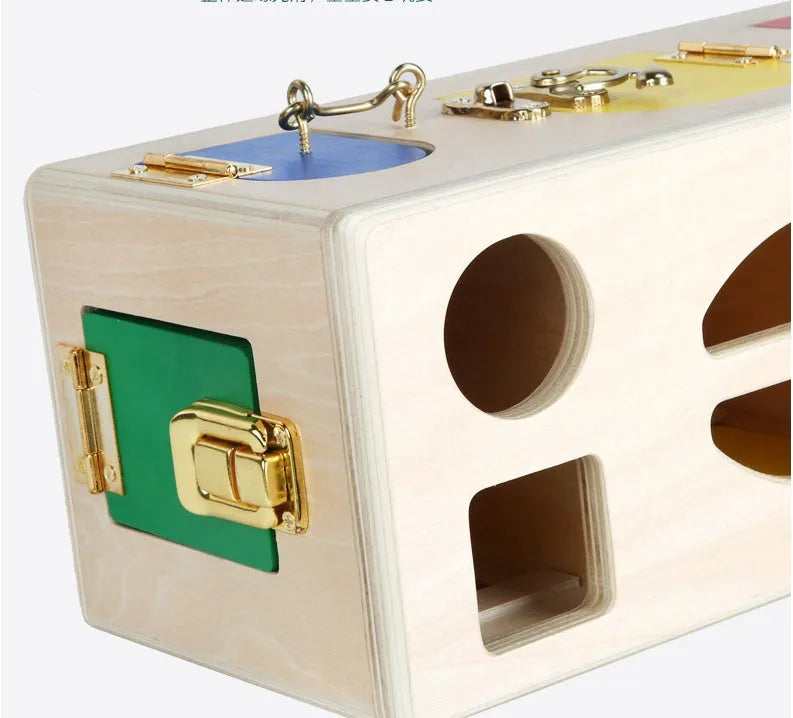 Wooden educational shape sorter puzzle box with 12 geometric blocks for preschool children