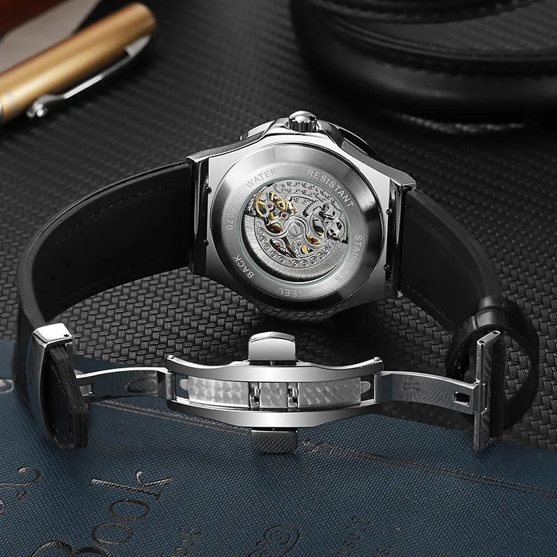 Automatic mechanical men's watch with diamond-studded hollow movement in business styling