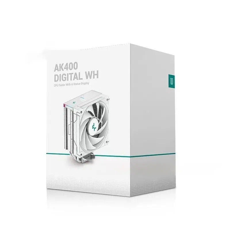 Twin tower black CPU air cooler with fans and a digital temperature display on front.