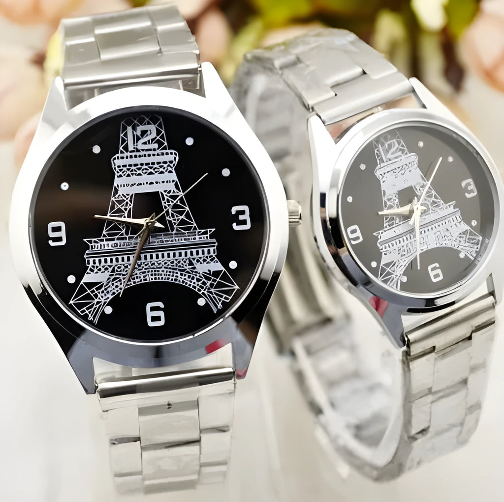 Eiffel Tower design on the white dial of a stainless steel quartz watch for men or women