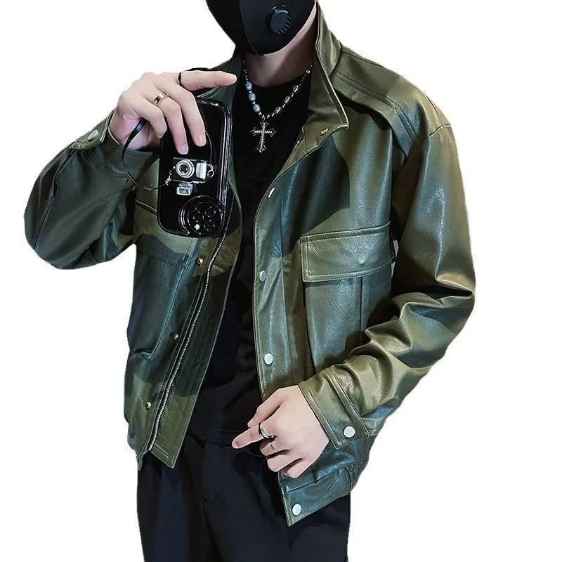 Men's black Korean style PU leather pilot jacket with side pockets and straight hem