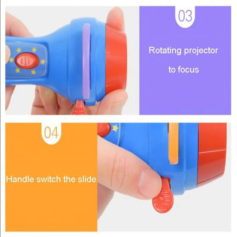 SmartKids story projector torch with four projection discs showing fairy tale images on bedroom wall