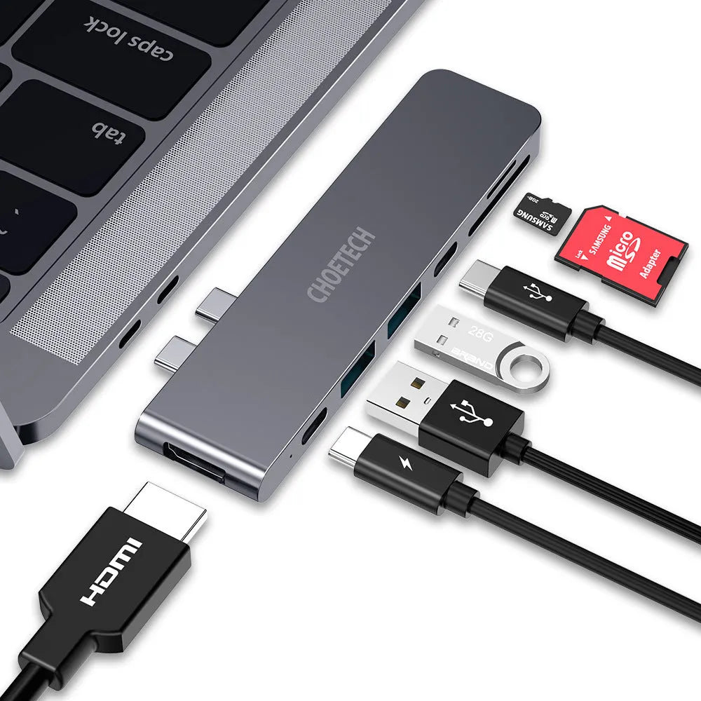Aluminium alloy USB-C hub with SD card reader, HDMI, USB 3.0, and charging ports