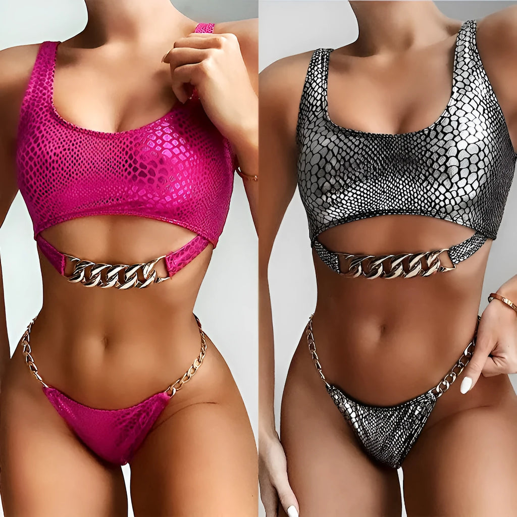 Snake pattern bikini set in nylon with gold colour option for swimwear