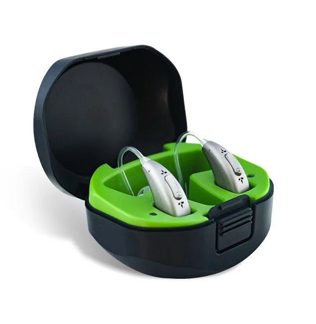 Wireless invisible hearing aid with USB charging case showing three listening mode indicators