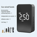 Compact wireless digital display car tyre inflator with hose and four air nozzles on a flannelette bag