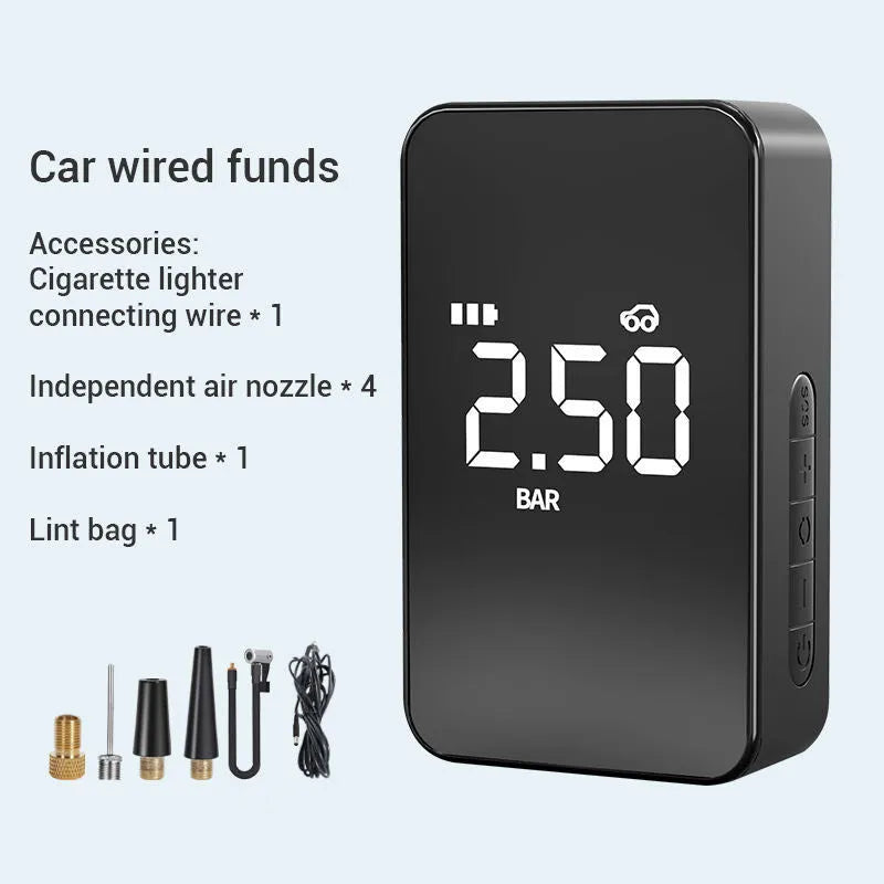 Compact wireless digital display car tyre inflator with hose and four air nozzles on a flannelette bag