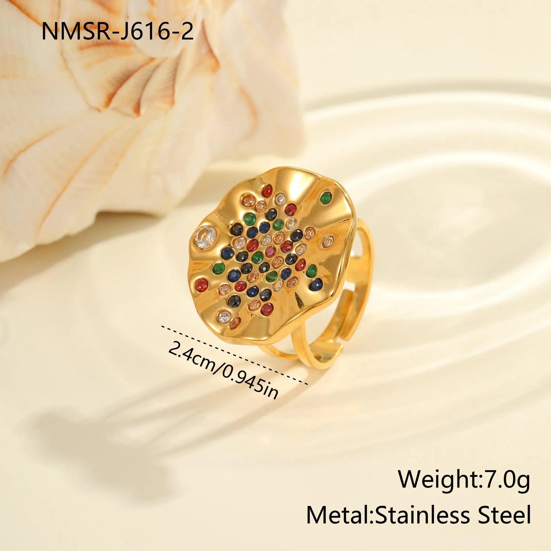 Geometric pleated titanium steel ring with colourful crystals and adjustable open mouth design