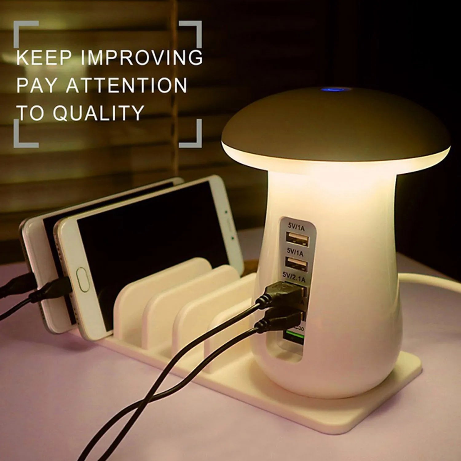 White mushroom-shaped LED desk lamp with a 5-port USB charging dock station at its base on a wooden table