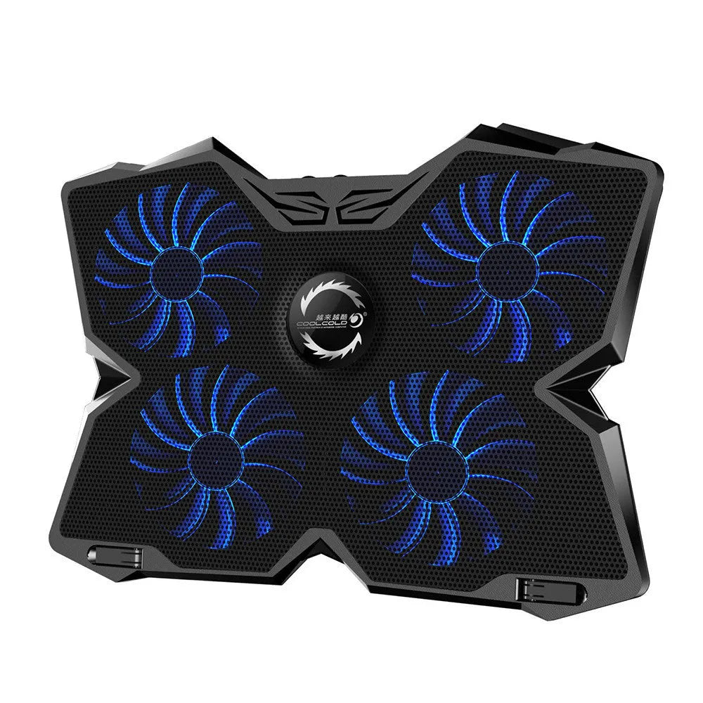 Blue PC cooling base with four LED fans, two USB ports and speed control switches for desktop computer ventilation