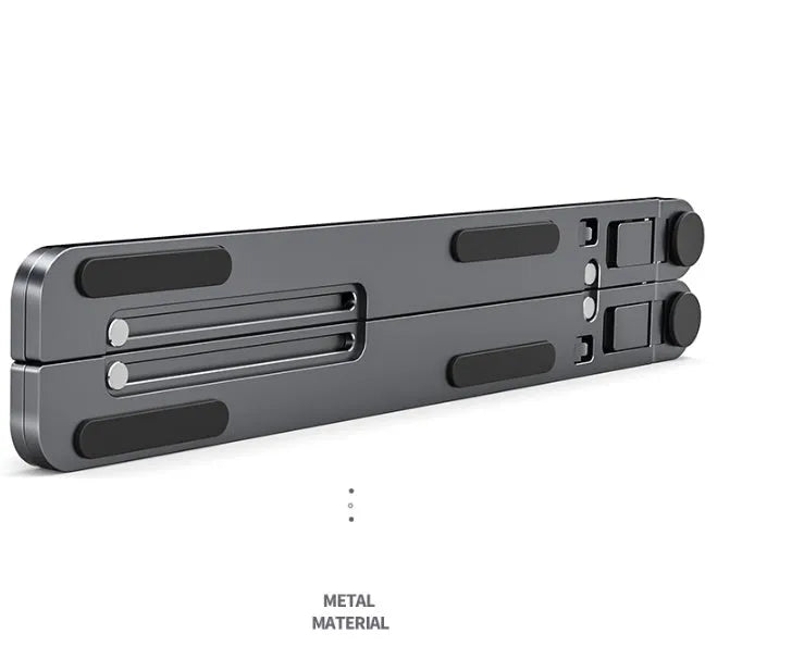 Aluminium laptop stand in silver colour, folded flat next to an open laptop for size comparison.