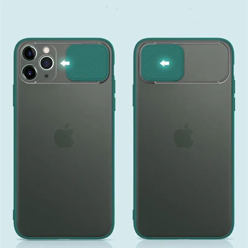 A lens sliding phone case for iPhone, shown in a choice of colours including black, green, pink, purple, and red.