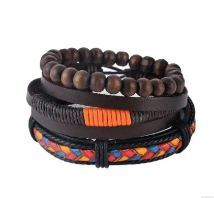 Adjustable leather bead bracelet with hand-woven construction and vintage punk design